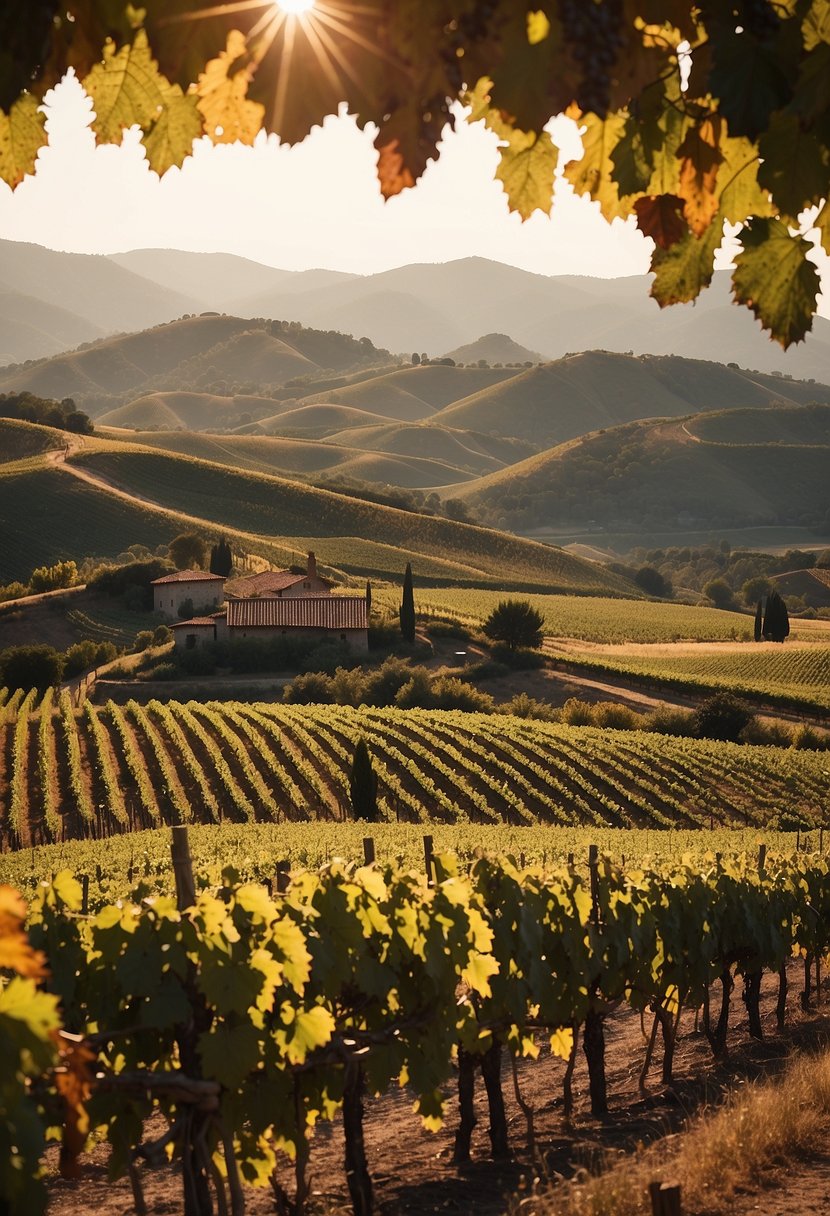 Rolling hills of vineyards stretch to the horizon, each row laden with ripe grapes.</p><p>A quaint winery sits nestled among the vines, with a backdrop of picturesque mountains.</p><p>Sunlight filters through the leaves, casting a warm glow over the scene