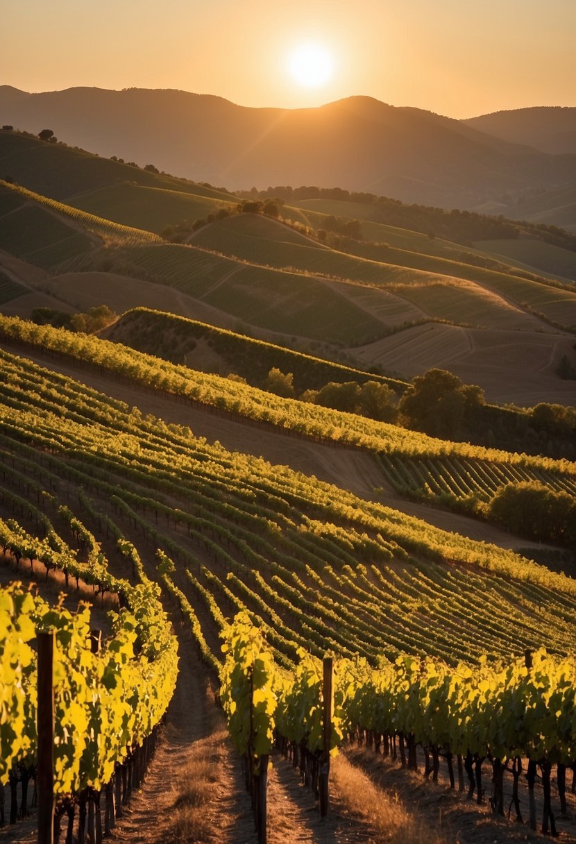 Rolling hills covered in vineyards, with rows of grapevines stretching into the distance.</p><p>A warm, golden sun sets behind the mountains, casting a soft glow over the picturesque landscape