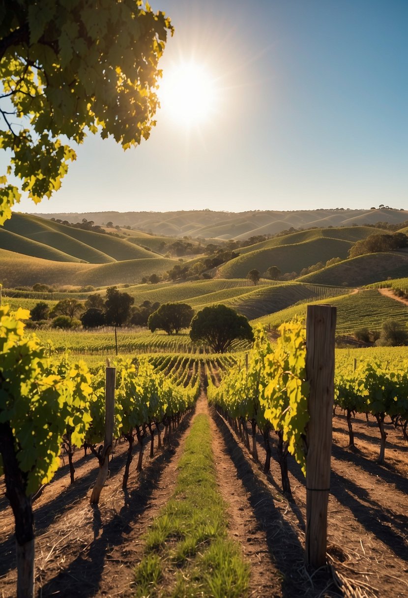 Rolling hills of vineyards in Barossa Valley, Australia.</p><p>Sunlight glistens on the grapevines, creating a picturesque landscape.</p><p>A winery sits in the distance, surrounded by lush greenery