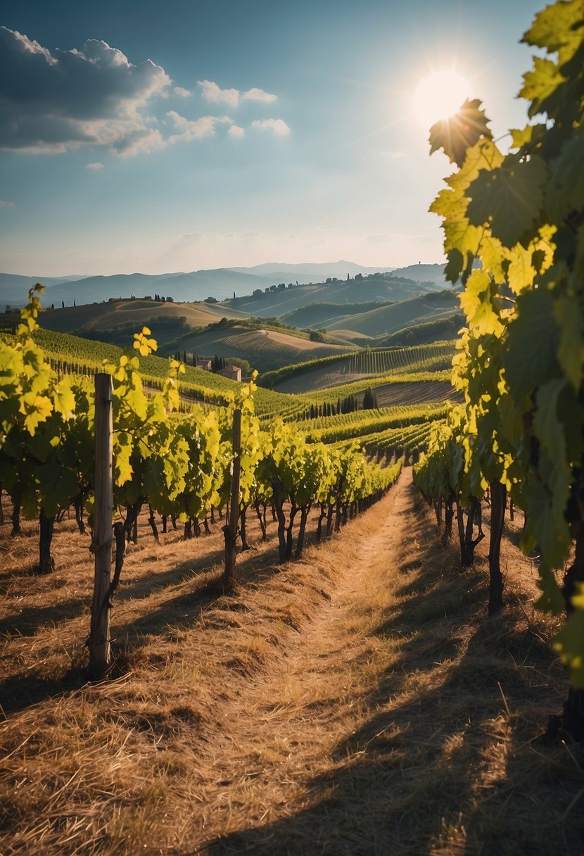 Rolling hills of vineyards in Tuscany, Italy.</p><p>Sun-drenched landscape with rustic wineries nestled among the grapevines.</p><p>A serene and picturesque setting that captures the essence of Italian wine country