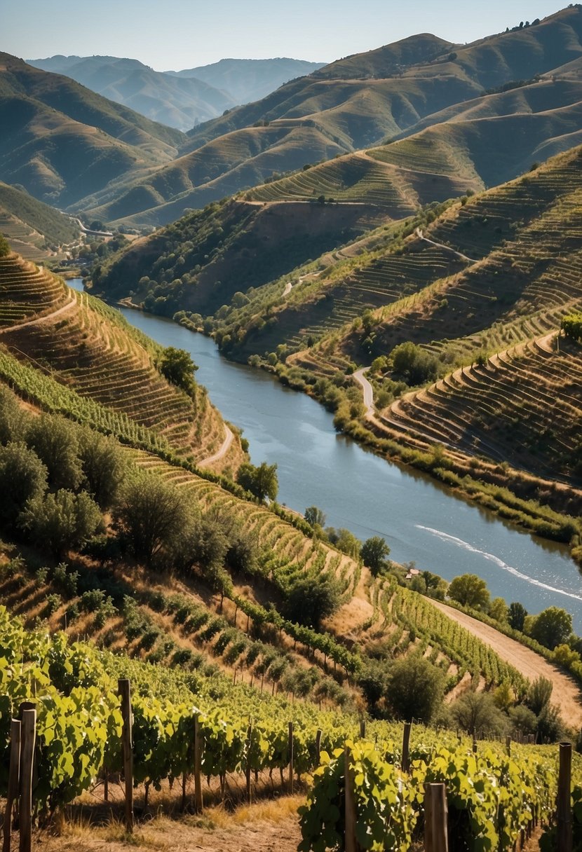 Rolling hills of Douro Valley, Portugal, adorned with lush vineyards and quaint wineries.</p><p>Sunlight bathes the landscape, casting a warm glow on the terraced slopes.</p><p>The river meanders through the valley, reflecting the serene beauty of