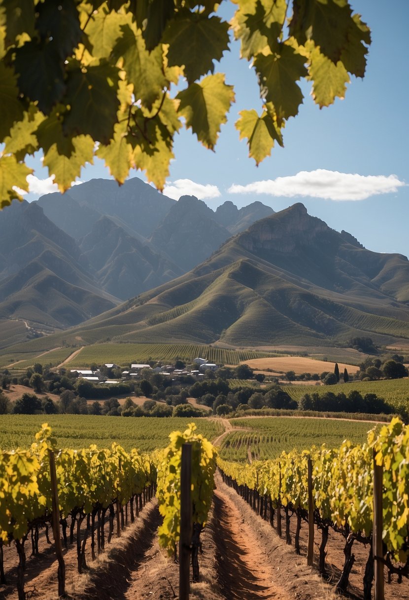 Rolling vineyard hills in Stellenbosch, South Africa.</p><p>Colorful rows of grapevines stretch across the landscape, with a backdrop of mountains and a clear blue sky