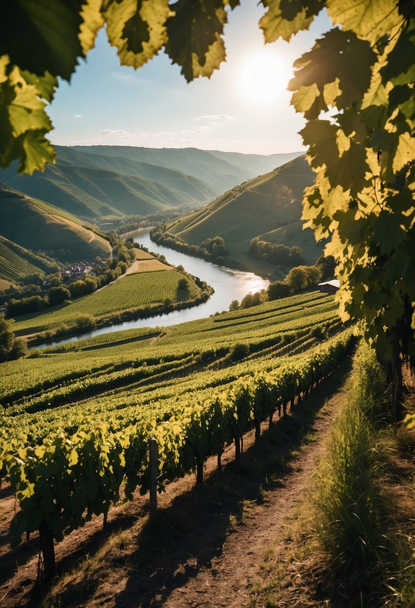 Rolling hills of vineyards in Mosel, Germany.</p><p>Sunlight illuminates the lush green vines, leading to a picturesque river.</p><p>A castle perched on a hill overlooks the stunning landscape