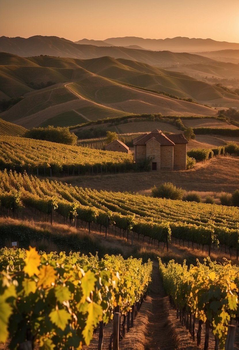 Rolling hills of vineyards stretch to the horizon, bathed in the warm glow of the setting sun.</p><p>A quaint winery sits nestled among the vines, inviting visitors to explore the rich wine regions of La Rioja, Spain