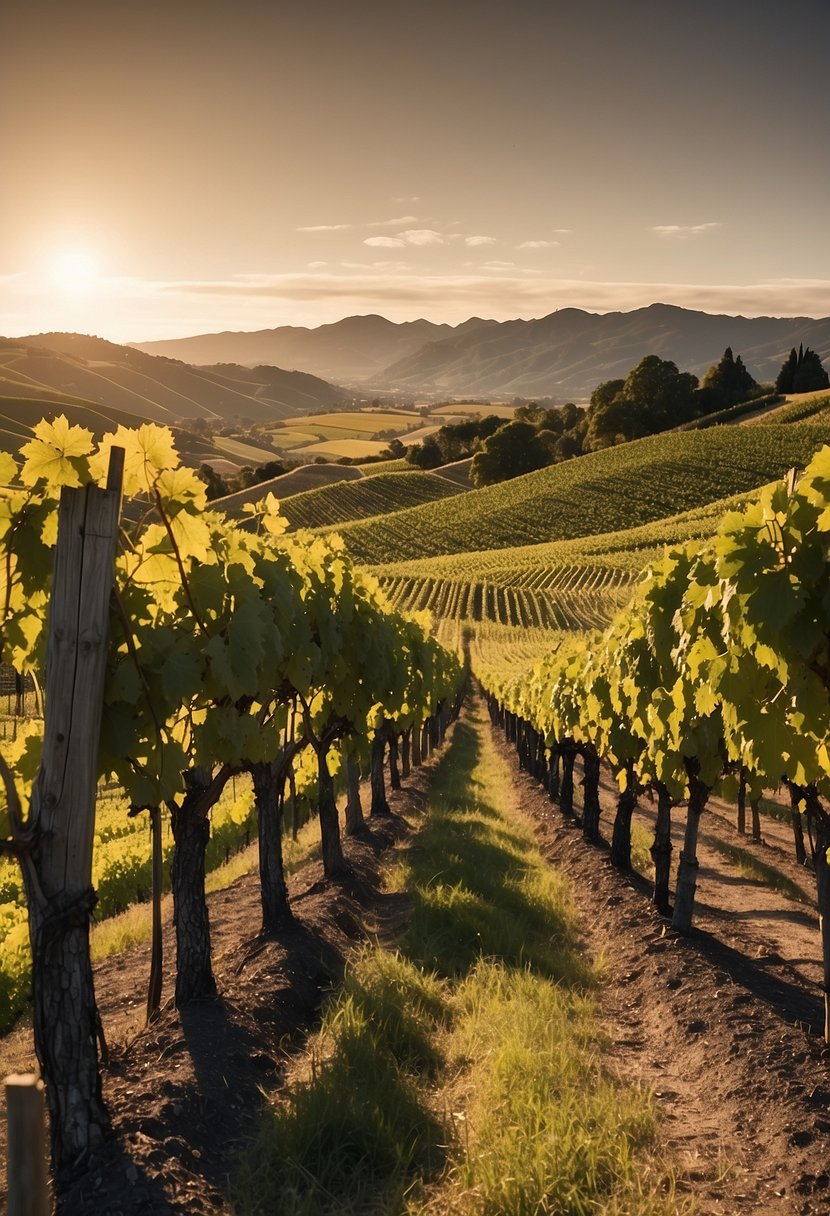 Rolling hills of Marlborough, NZ, vineyards stretch to the horizon.</p><p>Grapes hang heavy on the vines, basking in the warm sunlight.</p><p>A serene, picturesque wine region awaits