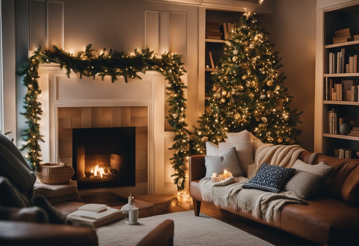 A cozy home library adorned with seasonal decor - a fireplace mantle draped with garland, a bookshelf adorned with twinkling lights, and a cozy reading nook with festive throw pillows and blankets