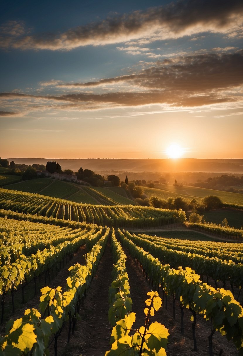 Rolling hills, lush vineyards, and charming chateaus dot the picturesque landscape of Champagne, France.</p><p>The sun sets behind the rows of grapevines, casting a warm glow over the region's 13 wine regions