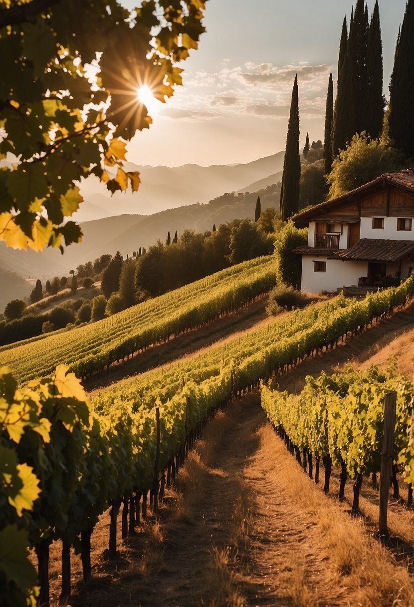 Rolling hills covered in vineyards, dotted with rustic wineries and charming villages.</p><p>The sun sets behind the majestic Alps, casting a warm glow over the picturesque landscape