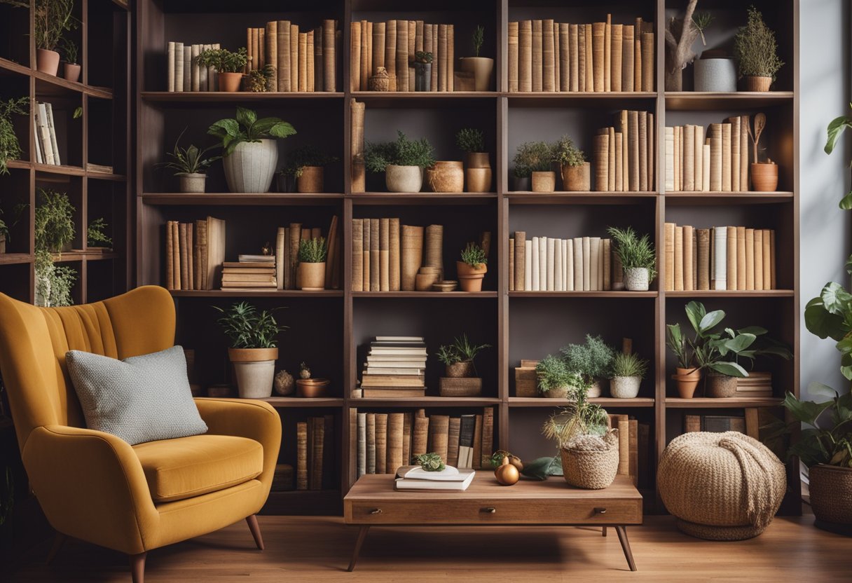 A cozy home library with eco-friendly decor: potted plants, recycled bookshelves, and seasonal accents like autumn leaves and winter-themed artwork