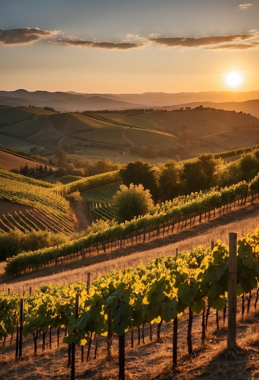 Rolling hills of vineyards stretch to the horizon, each row meticulously tended.</p><p>A grand chateau overlooks the picturesque landscape, with a river winding through the valley.</p><p>A warm, golden sunset bathes the scene in a soft, inviting glow