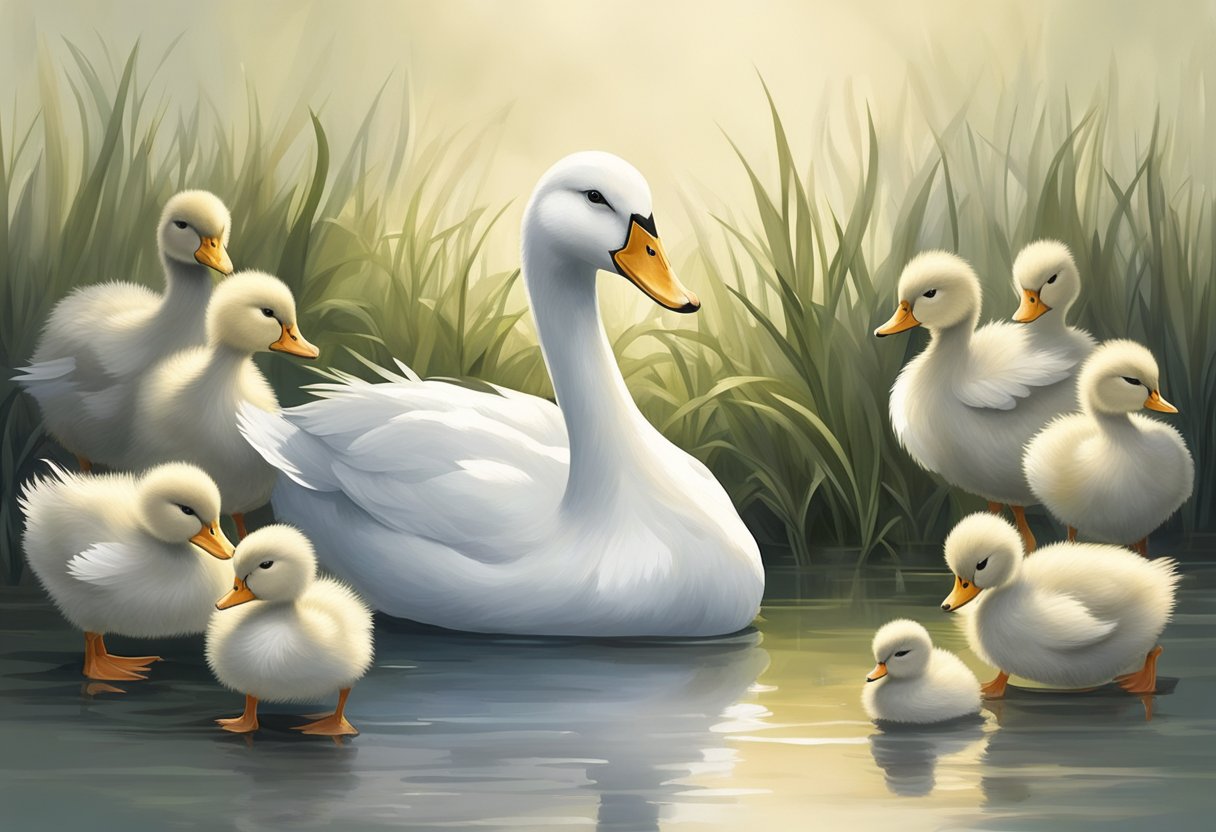 A small, lonely duckling stands apart from a group of elegant swans, feeling out of place and rejected. The duckling's feathers are drab and unkempt, contrasting sharply with the graceful beauty of the swans