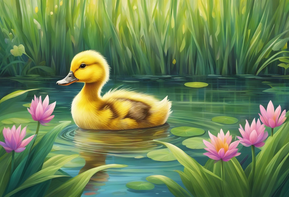 A small, misfit duckling stands alone in a beautiful, serene pond surrounded by vibrant green reeds and colorful flowers