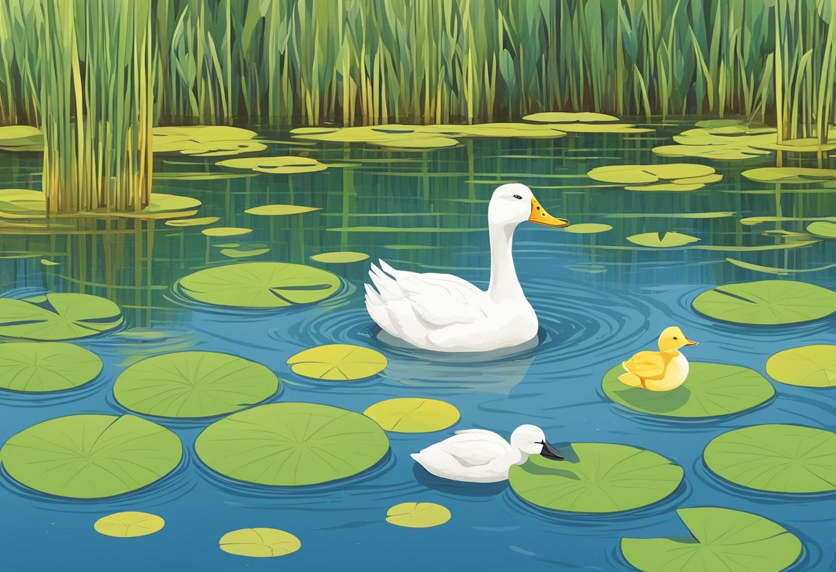 A serene pond surrounded by reeds and lily pads. A lone duckling swims, looking forlorn amidst the other vibrant waterfowl