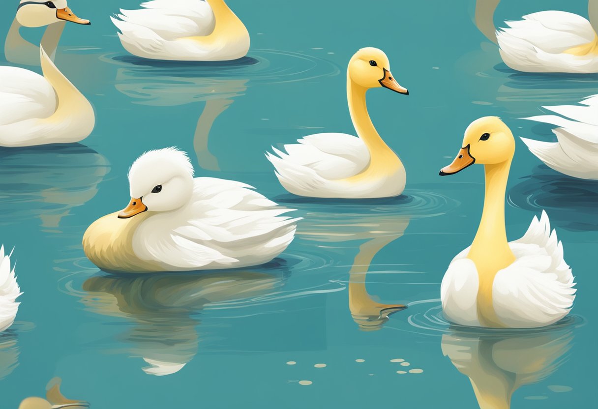 A lone duckling stands apart from a group of elegant swans, highlighting the theme of isolation and the search for identity