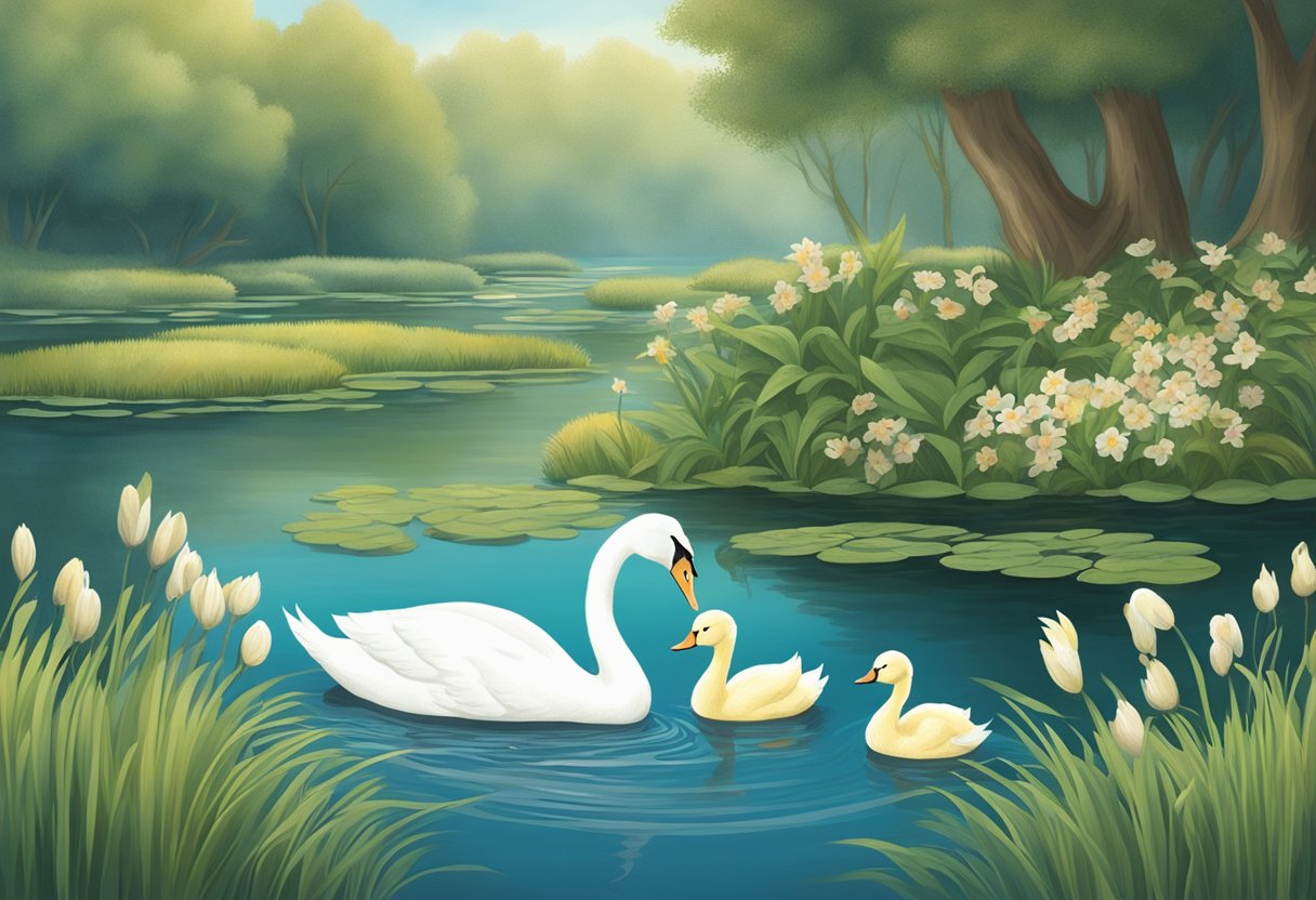 A serene pond with elegant swans and a lone, awkward duckling, symbolizing the cultural impact of "The Ugly Duckling" story