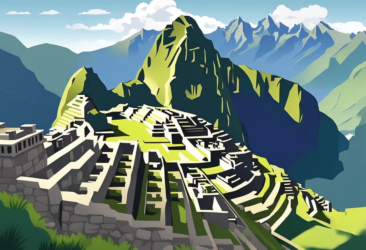 Machu Picchu sits atop a lush green mountain, surrounded by misty clouds. The ancient stone ruins stand against a backdrop of towering Andean peaks