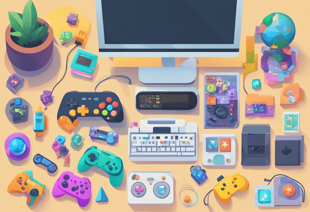 A video game controller rests on a sleek, modern desk, surrounded by iconic game characters and symbols. A digital screen displays the words "10 cool facts about video games" in bold, colorful text