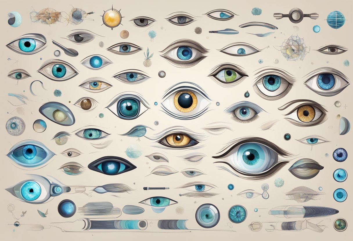 Eyes of different shapes and colors surrounded by scientific and medical illustrations. Bright light and magnifying glass for detail