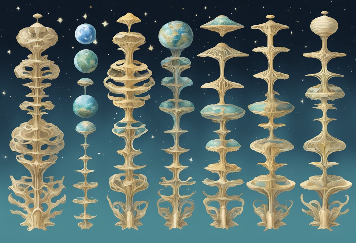 A row of 10 vertebrae floating in space, each with intricate details and varying shapes and sizes