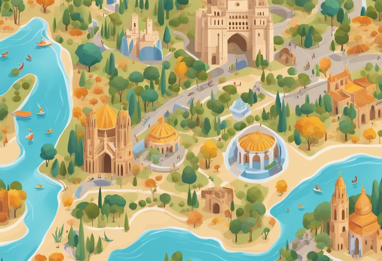 The scene includes a colorful map of Spain with iconic landmarks, such as the Sagrada Familia and Alhambra, surrounded by traditional Spanish symbols like flamenco dancers and bullfighting arenas