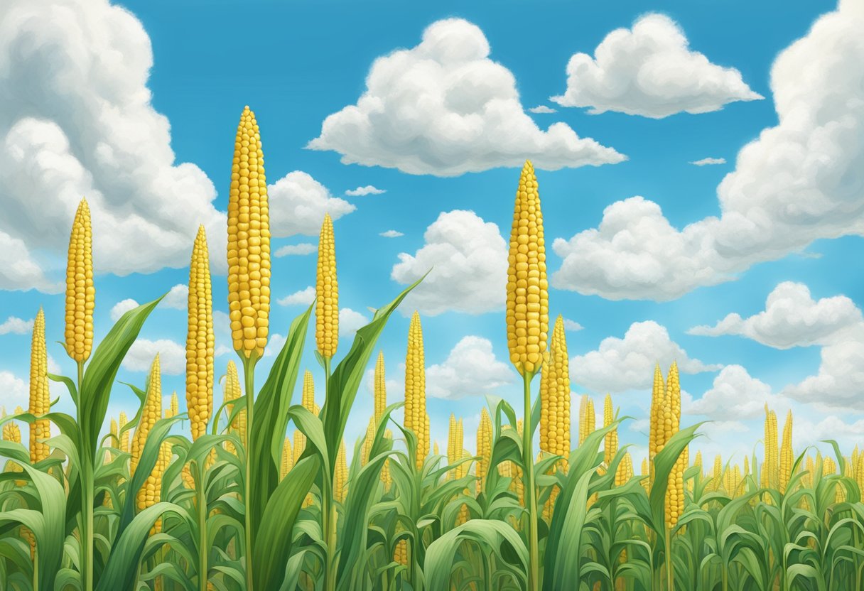 A field of tall, green corn stalks with golden ears, surrounded by blue skies and fluffy white clouds