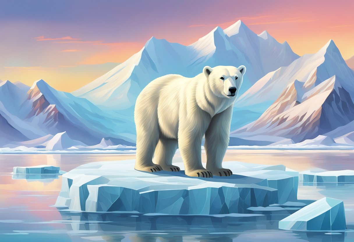 A polar bear stands on an ice floe surrounded by floating chunks of ice. Snow-capped mountains and a colorful arctic sky are in the background