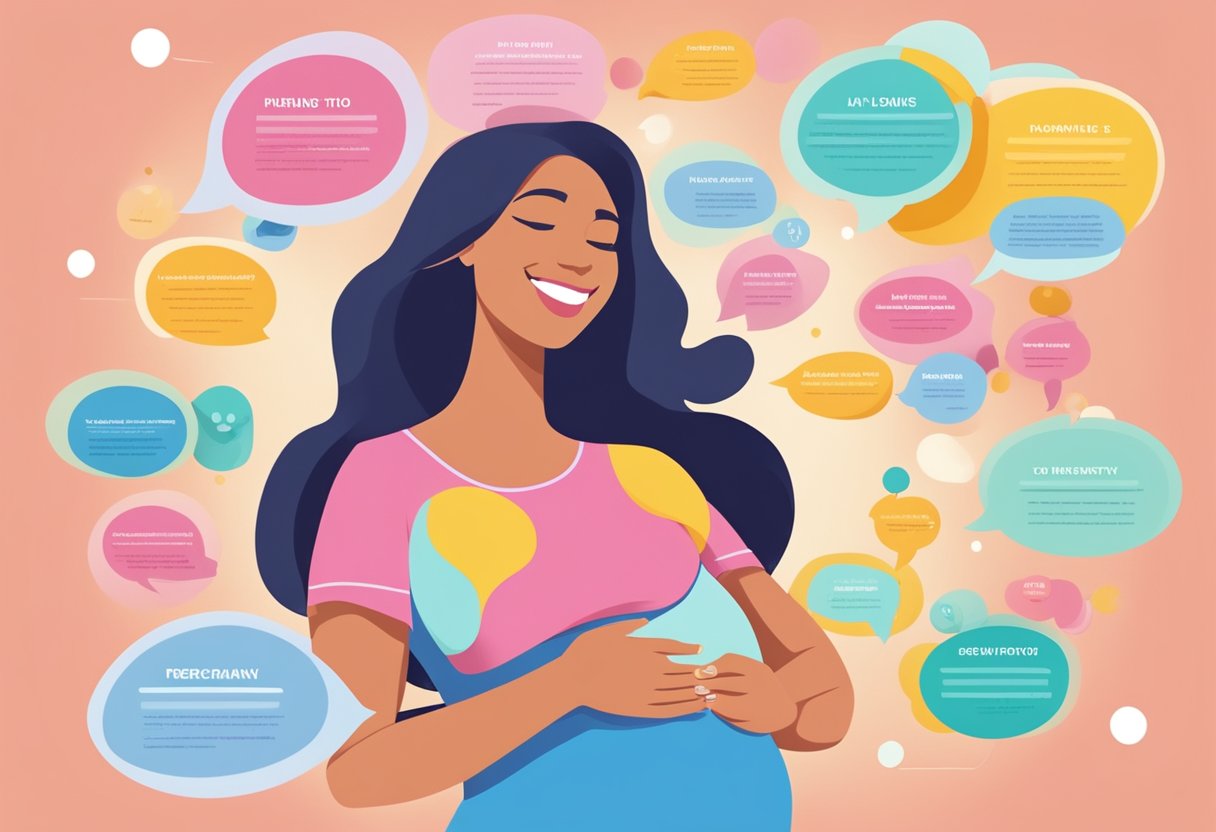 A smiling pregnant woman surrounded by 10 fun pregnancy facts displayed as colorful text bubbles above her head