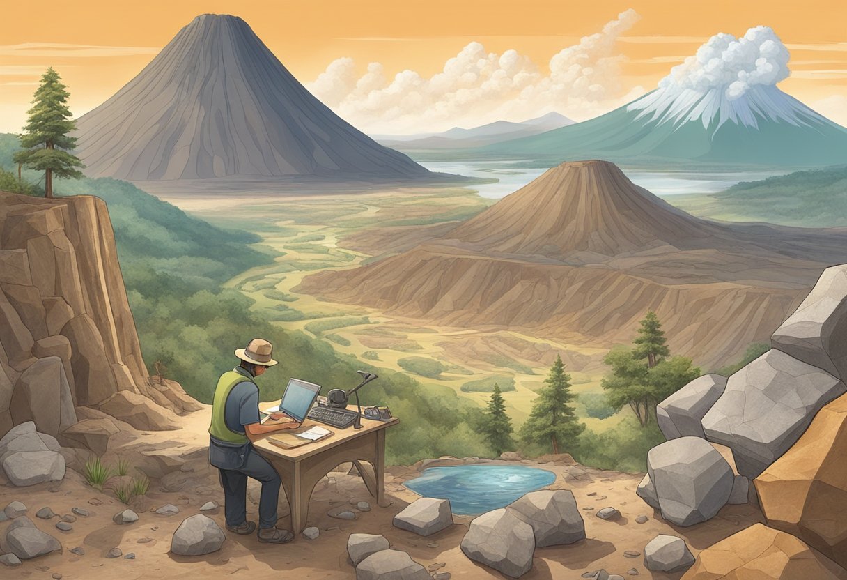 Rock formations, fossils, and minerals surround a geologist at work. A volcano erupts in the distance, while layers of sedimentary rock tell the Earth's history