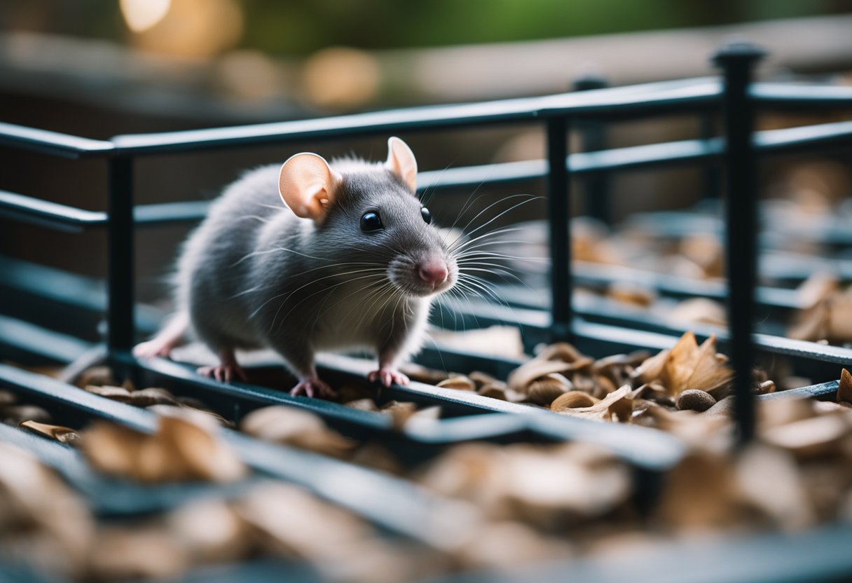 Rats scurrying away from traps and deterrents in a cluttered space