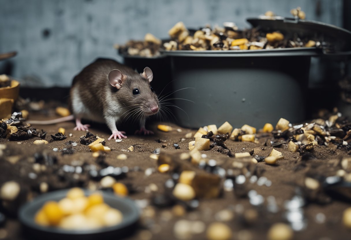 Rat traps set in a cluttered basement, with gnawed food and droppings scattered around