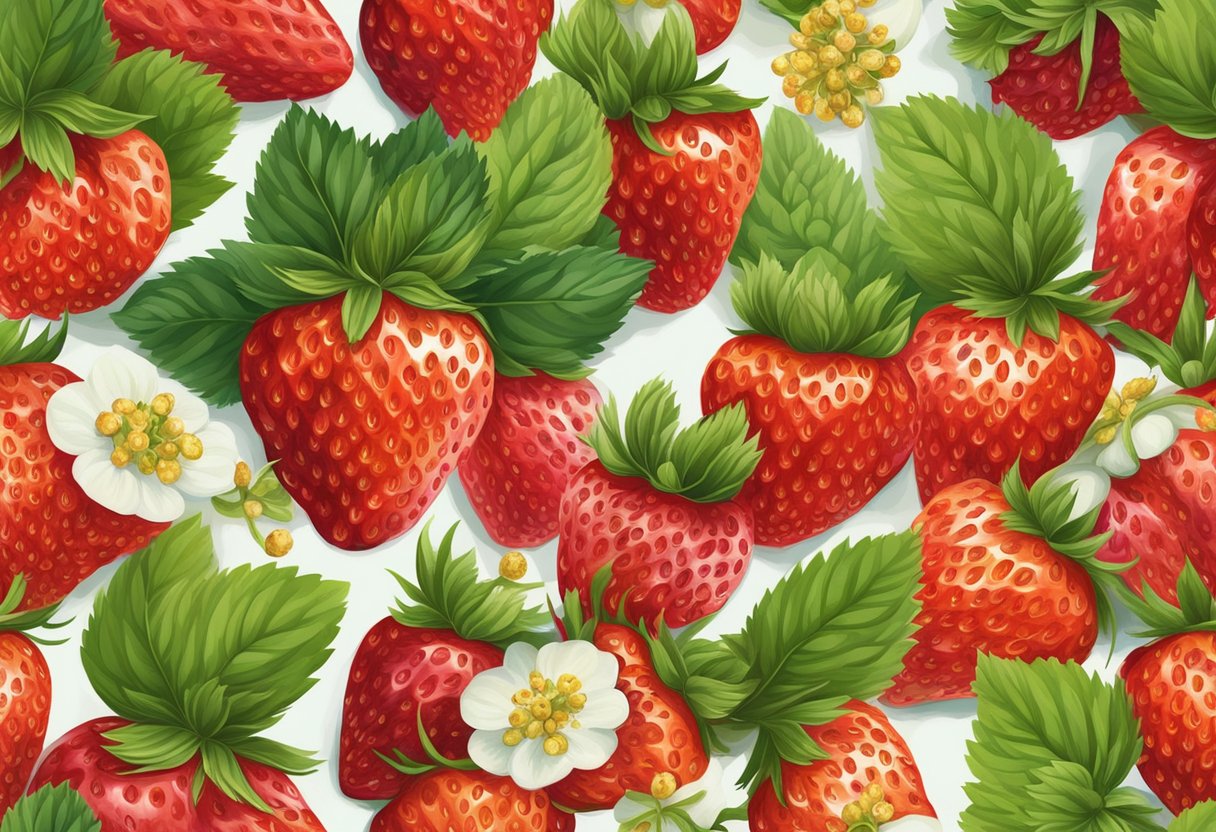 A group of ripe strawberries arranged in a neat row, with vibrant red hues and small seeds dotting their surface. A few leaves still attached to the stems, showcasing the fresh and natural appeal of the fruit