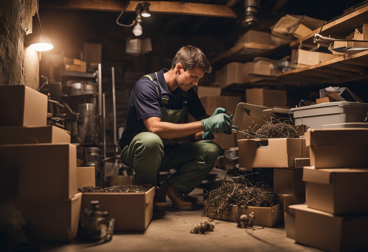 A professional pest control technician setting up rat traps in a cluttered, dimly lit basement