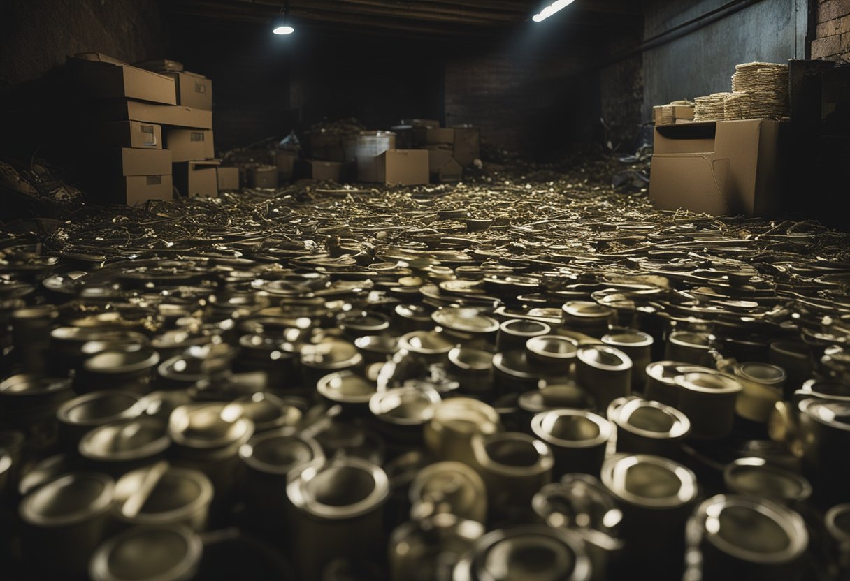 A pile of rat poison surrounded by scattered rat traps and bait stations in a cluttered, dimly lit basement