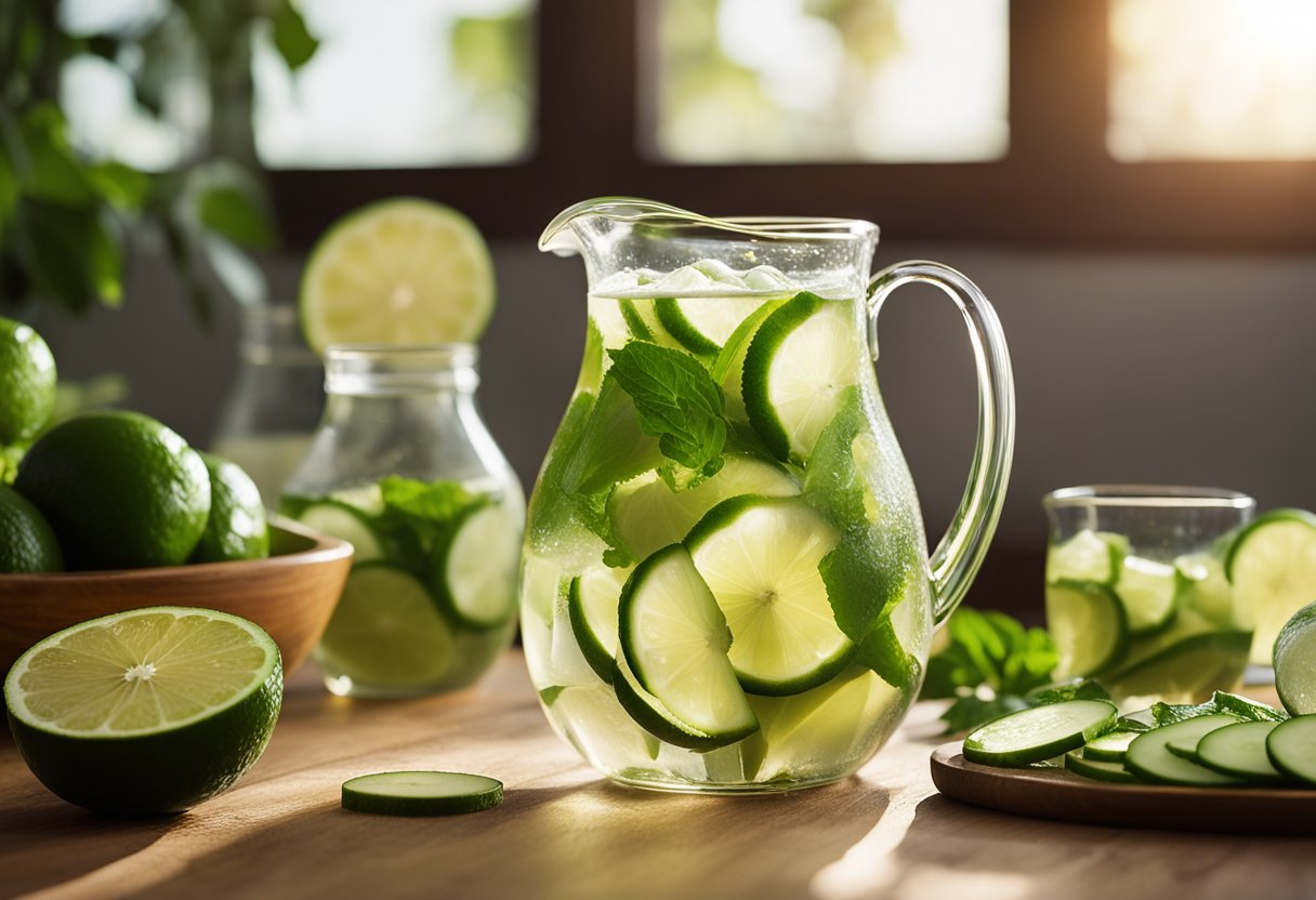 A pitcher of lime and cucumber water sits on a wooden table with fresh ingredients scattered around. Sunlight streams through a nearby window, casting a warm glow on the refreshing drink