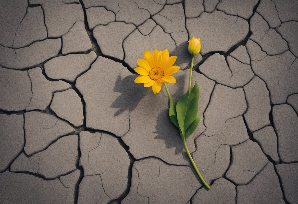 A blooming flower growing from a cracked pavement, symbolizing resilience and renewal
