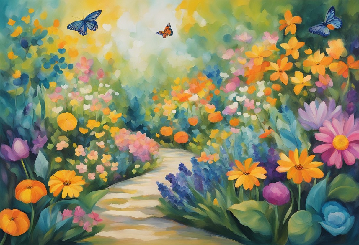 A serene garden with vibrant flowers and butterflies, symbolizing hope and transformation for a cancer thriver
