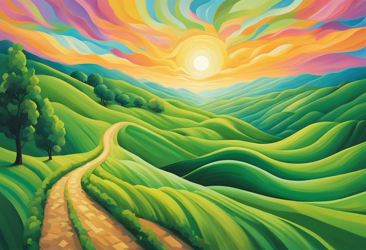 A winding path through lush green hills, with a vibrant sunrise in the distance, symbolizing hope and renewal for a cancer thriver's journey