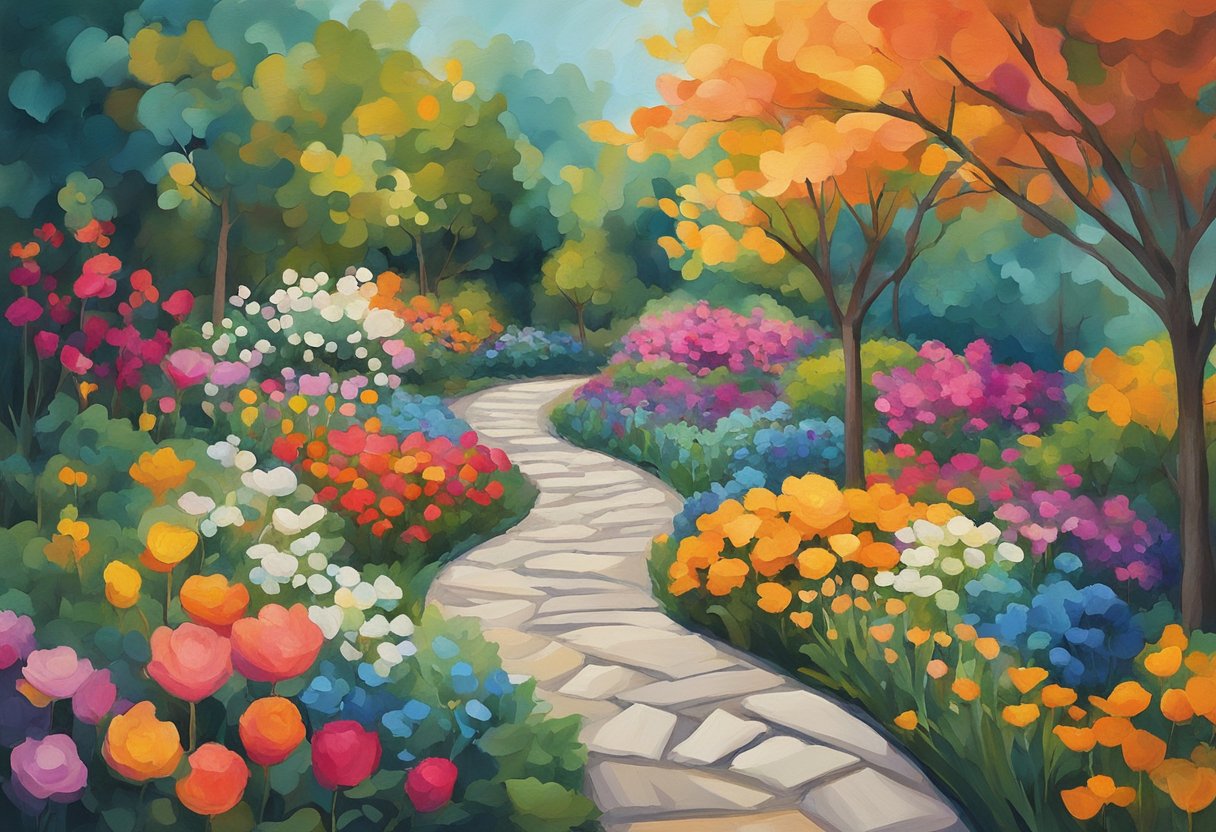 A serene, colorful garden with vibrant flowers and a winding path, symbolizing resilience and growth