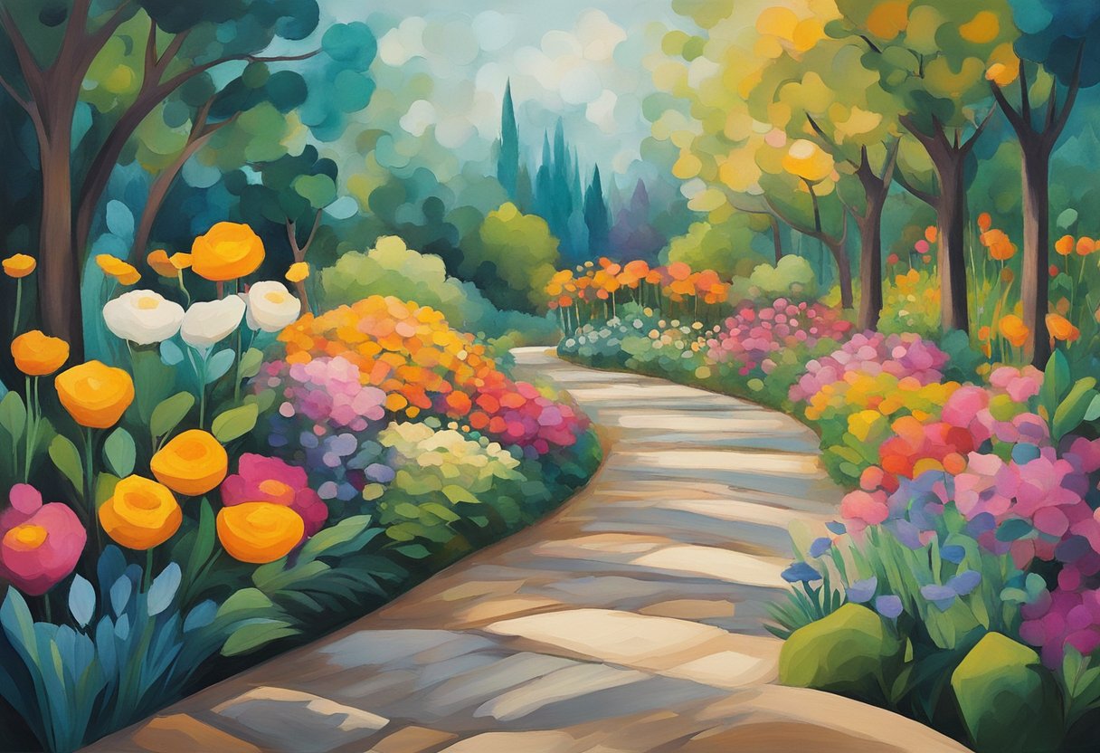 A serene garden with vibrant flowers and a winding path, symbolizing the journey of a cancer thriver