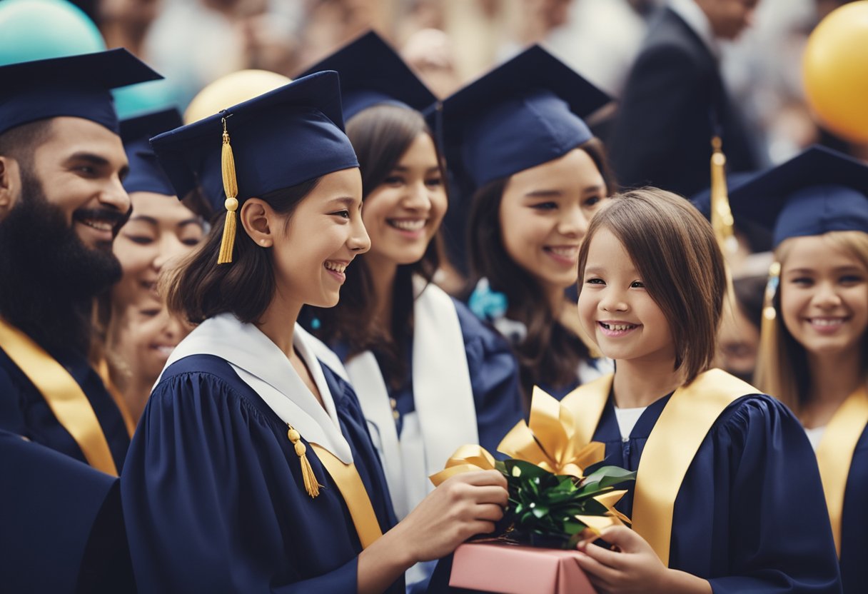 A mother presents her daughter with a gift at her graduation ceremony, surrounded by celebratory decorations and a sense of pride and accomplishment