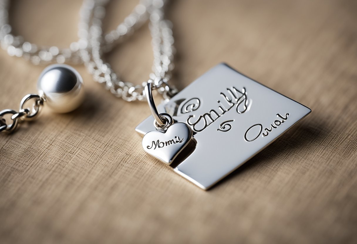 A delicate silver necklace with the name "Emily" hangs from a slender chain, surrounded by a graduation cap and diploma. A loving note from Mom accompanies the gift