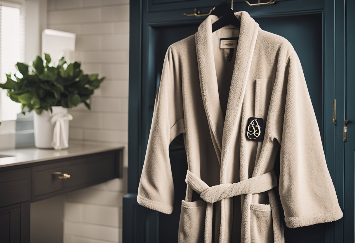 A monogrammed bathrobe hangs on a hook, surrounded by a collection of graduation gifts from a mother to her daughter