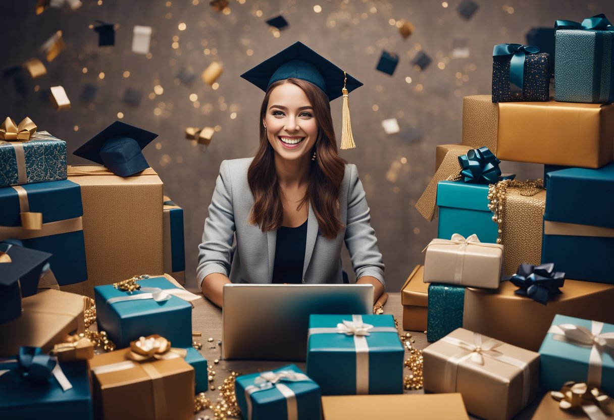 A woman surrounded by graduation gifts, including jewelry, books, and a laptop, with a big smile on her face