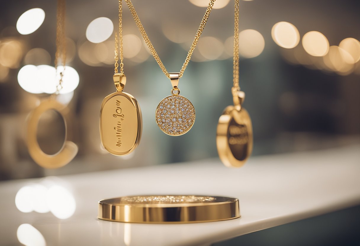 A delicate pendant necklace hangs on a display stand, surrounded by other jewelry. The necklace features the words "One In A Million" in elegant script, and is set in a simple, yet stylish, gold chain