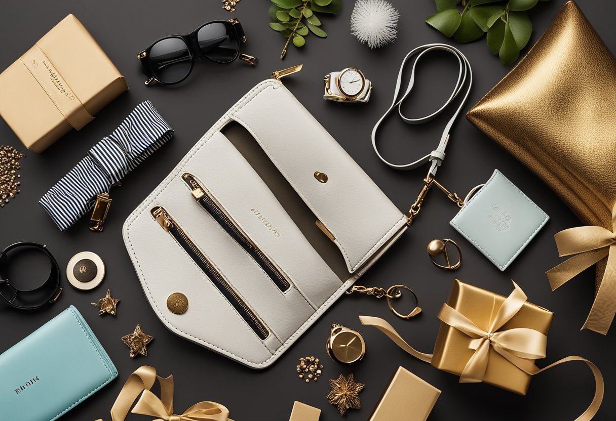 A hand reaches for the Fossil Emma RFID Wristlet, surrounded by graduation-themed gifts for women