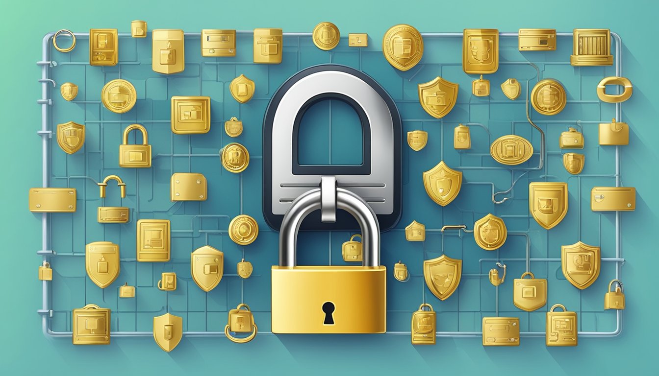 A locked padlock symbolizing online security, surrounded by shields and locks, with a digital payment transaction in progress