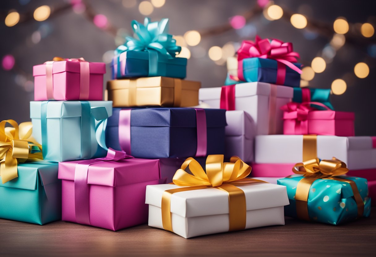 A pile of wrapped gifts labeled "41 Good Graduation Gifts for Sister" arranged neatly on a table, with colorful ribbons and bows