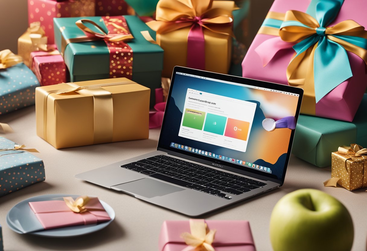 An open Apple MacBook Air with "Good Graduation Gifts for Sister" displayed on the screen, surrounded by colorful gift wrapping and a celebratory atmosphere