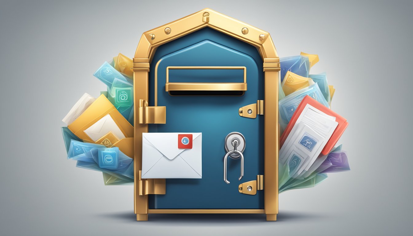 A locked mailbox with an envelope inside, surrounded by a shield symbol and a lock, representing secure email communication