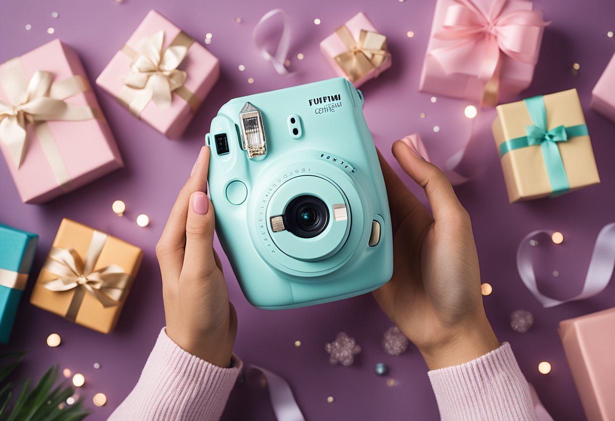 A hand holding a Fujifilm Instax Mini 11 Instant Camera, surrounded by graduation-themed decorations and a gift box labeled "41 Good Graduation Gifts for Sister."